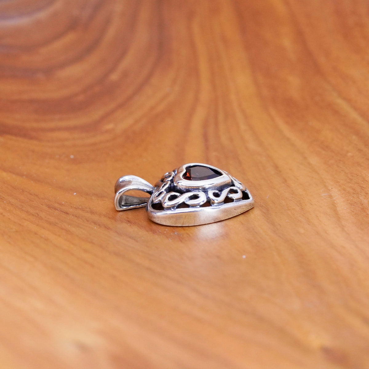 Vintage Sterling silver handmade pendant, 925 filigree heart with ruby