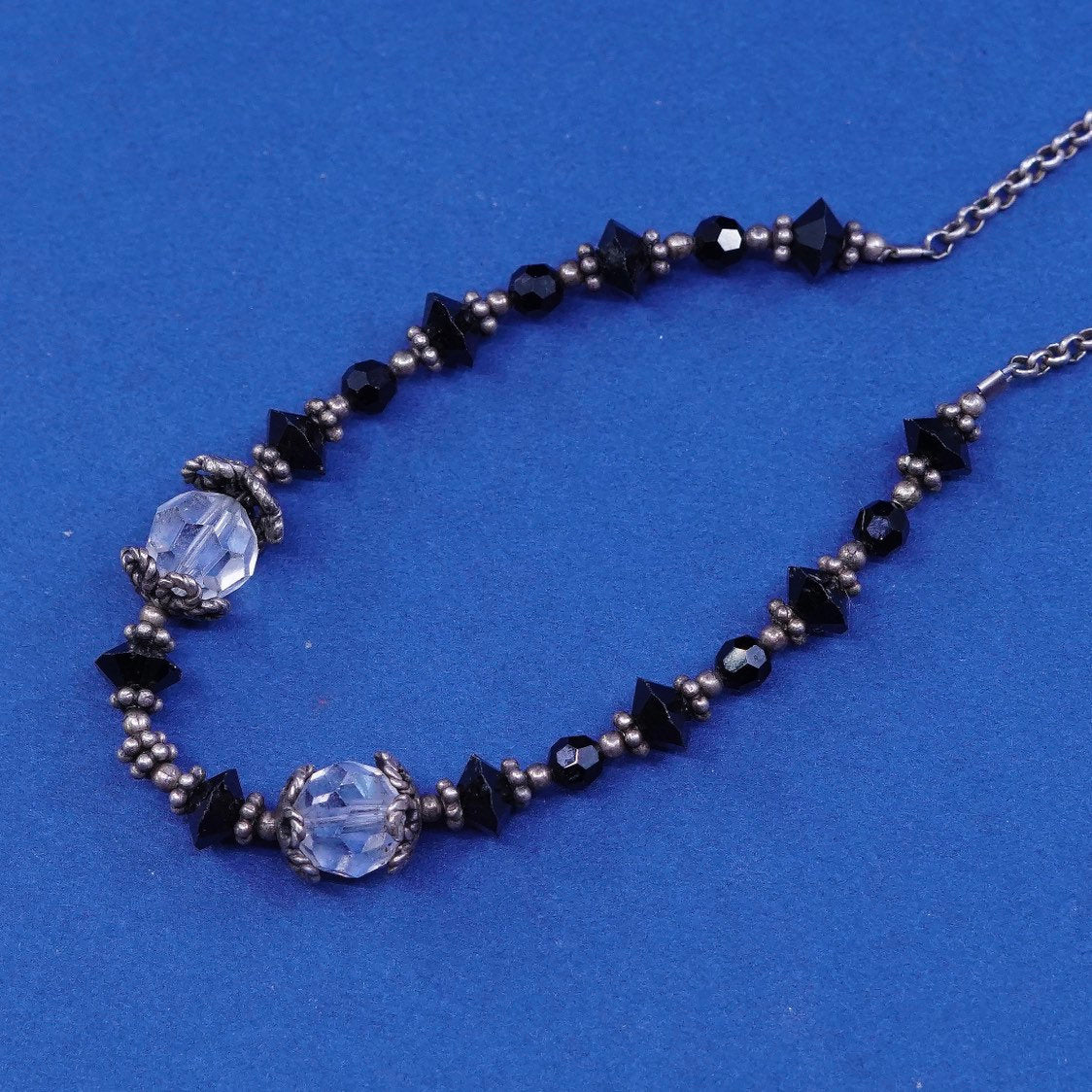 14”, vintage Sterling silver handmade necklace, 925 circle chain w/ crystal