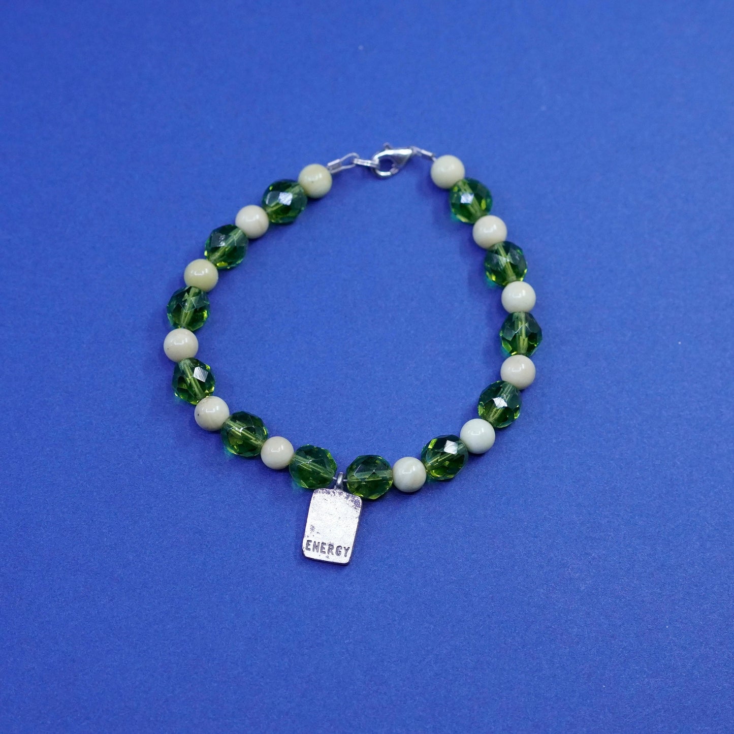7”, sterling 925 silver handmade bracelet w/ green crystal beads energy charm