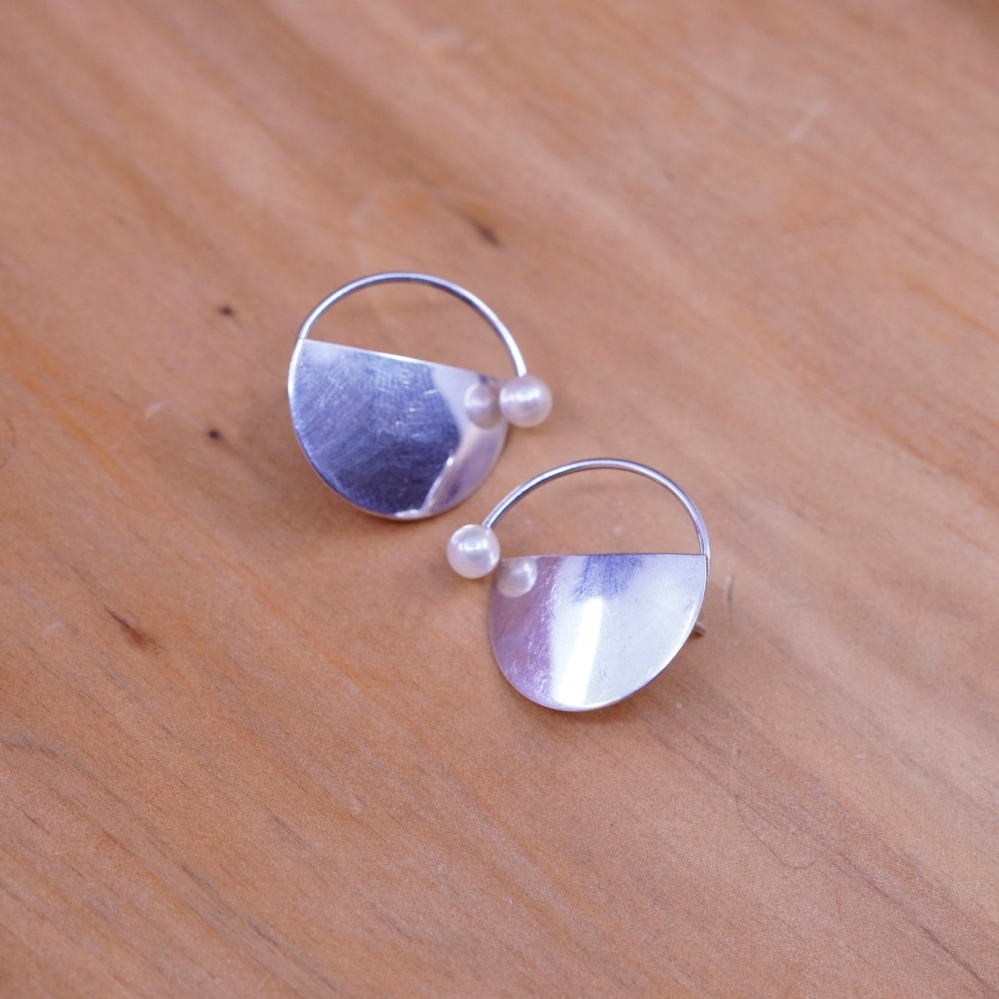 Vintage Sterling silver handmade disc studs, circle earrings with pearl