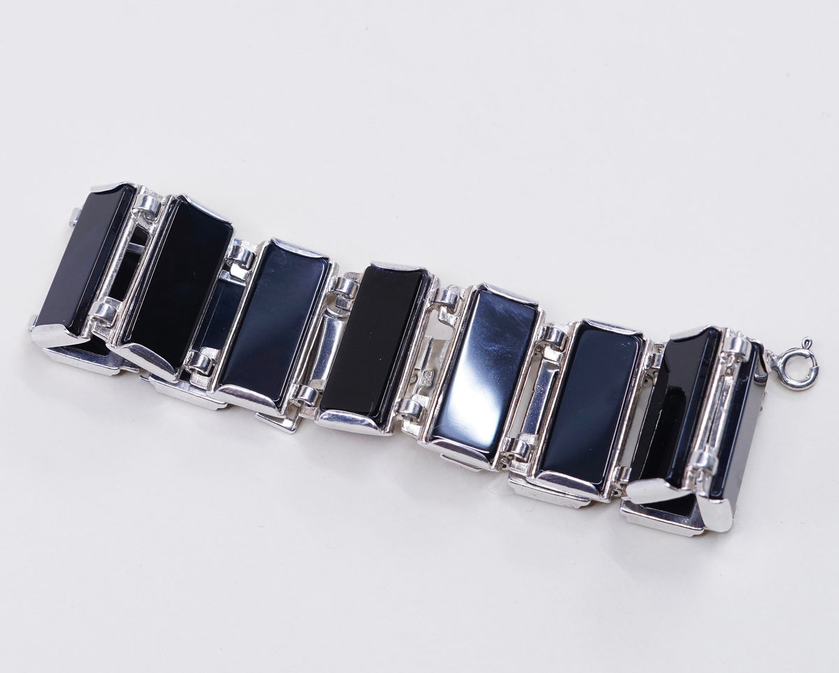 7.5”, Vintage Sterling silver handmade bracelet, Mexico 925 w/ square obsidian