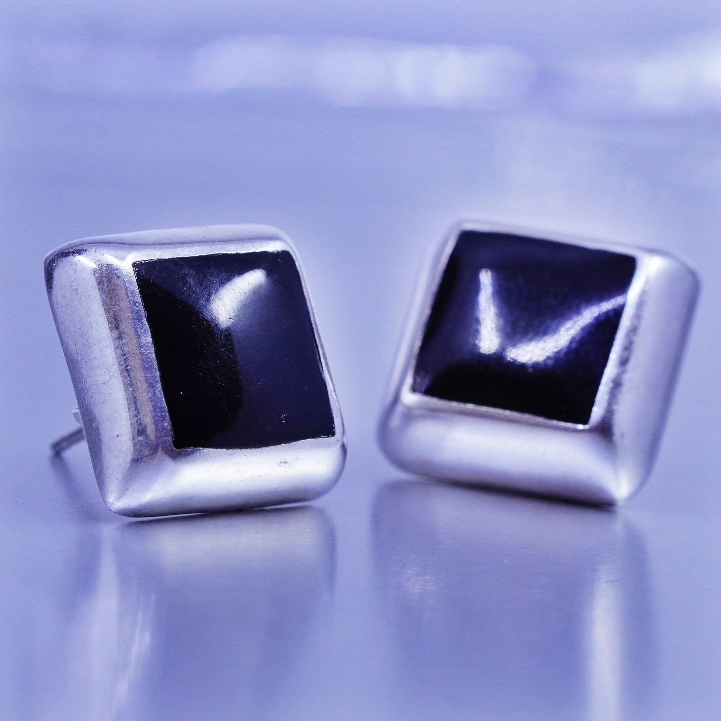 Vintage Sterling 925 silver handmade earrings, square onyx studs