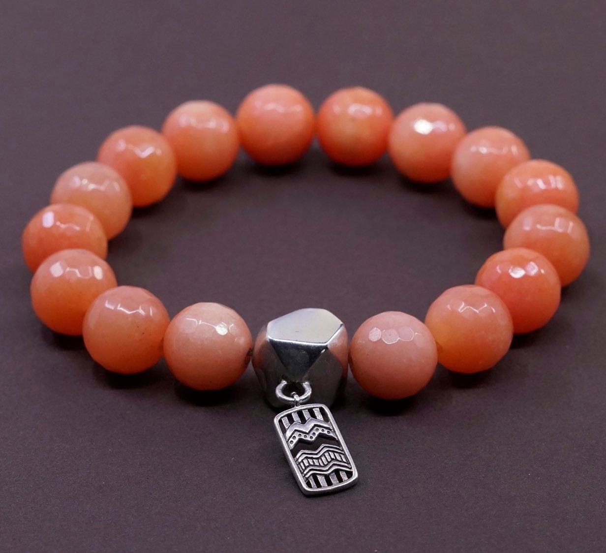 7”, handmade bracelet, elastic band w/ quartz beads sterling 925 silver charm,