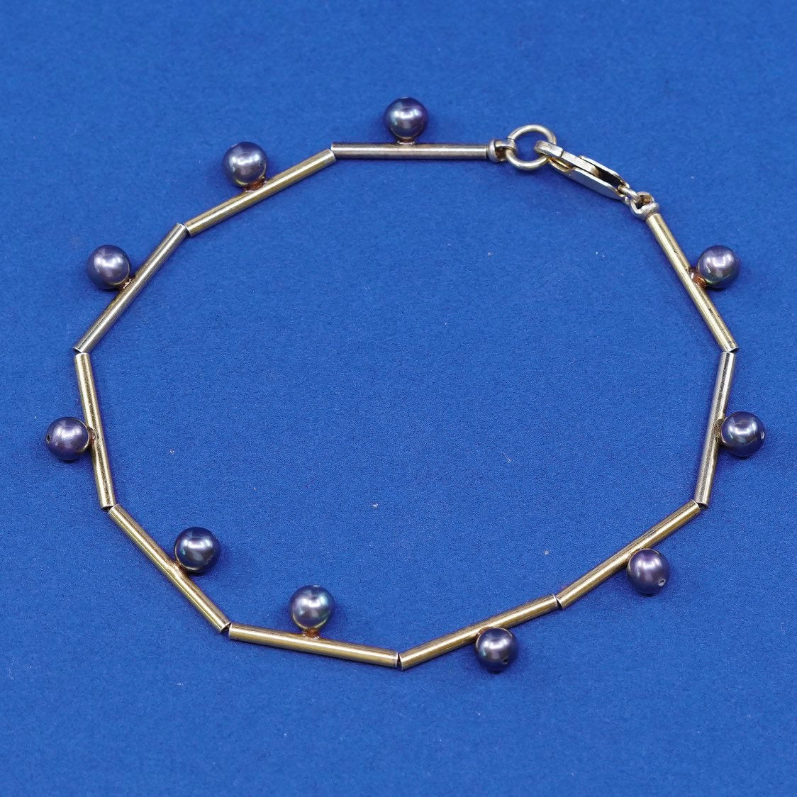 8", vermeil gold sterling silver handmade bracelet, 925 bar chain w/ pearl bead