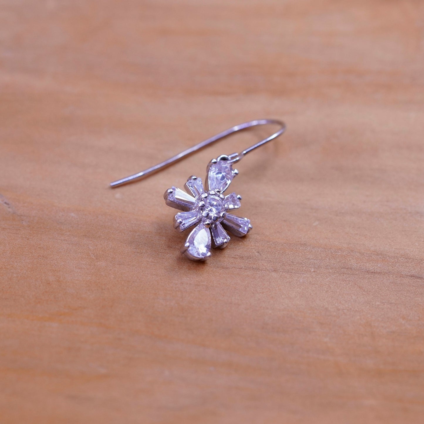 Vintage Sterling silver handmade earrings, 925 snowflake drops with cz