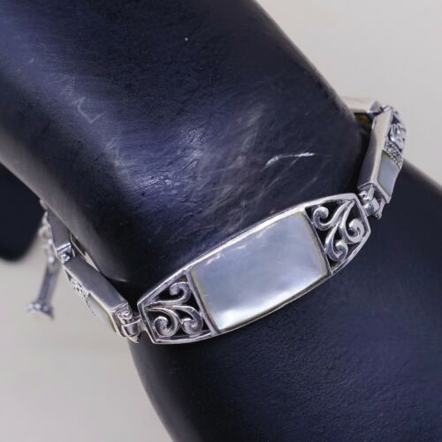 6.75”, Vtg Handmade White Mother Of Pearl Disc Bracelet 925 Sterling silver Bali