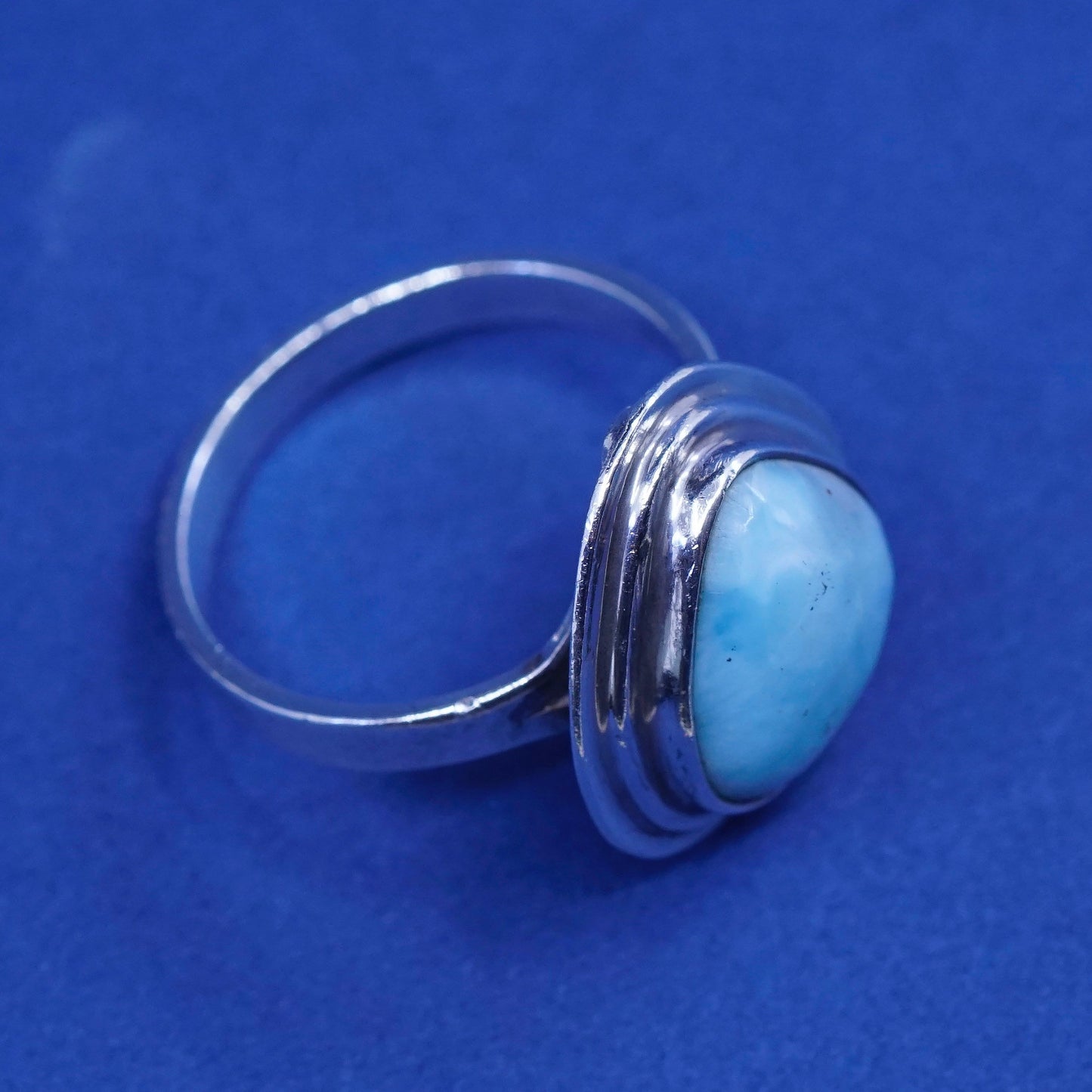 Size 7.75, Vintage sterling 925 silver handmade ring with larimar, stamped 925