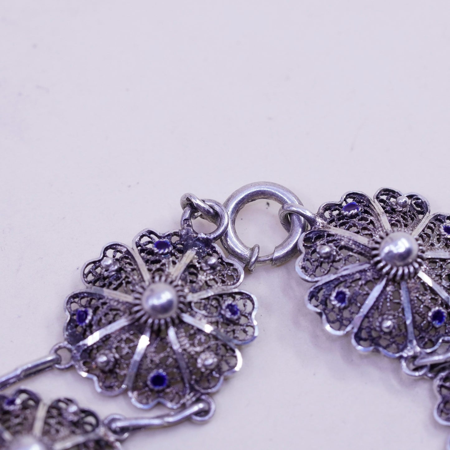 7.25”, vintage sterling silver handmade bracelet, filigree floral link chain