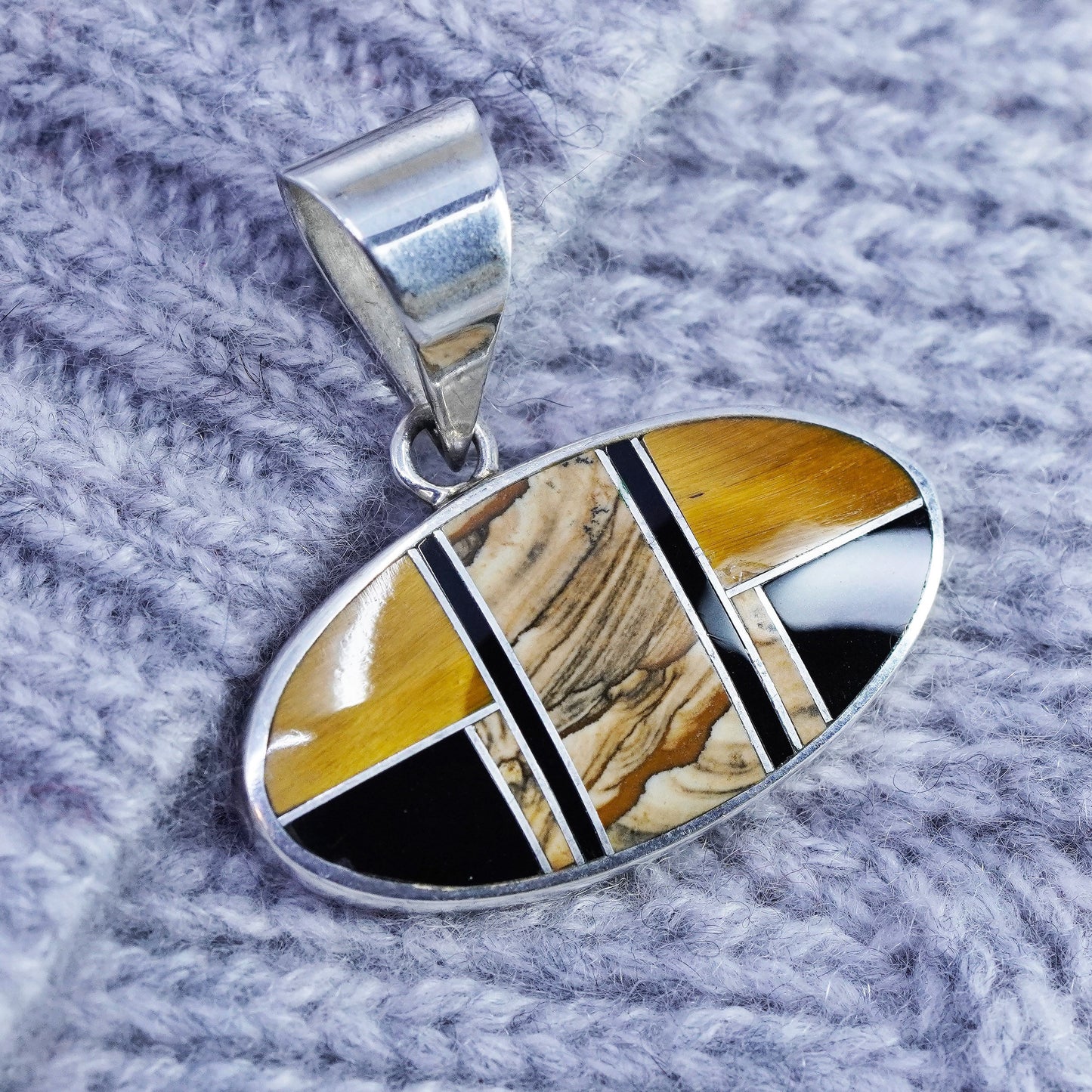 Native American zuni sterling 925 silver pendant golden tigers eye jasper onyx