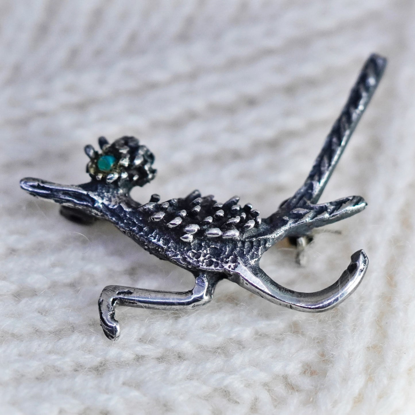 vtg Navajo sterling silver handmade brooch, 925 roadrunner bird pin turquoise