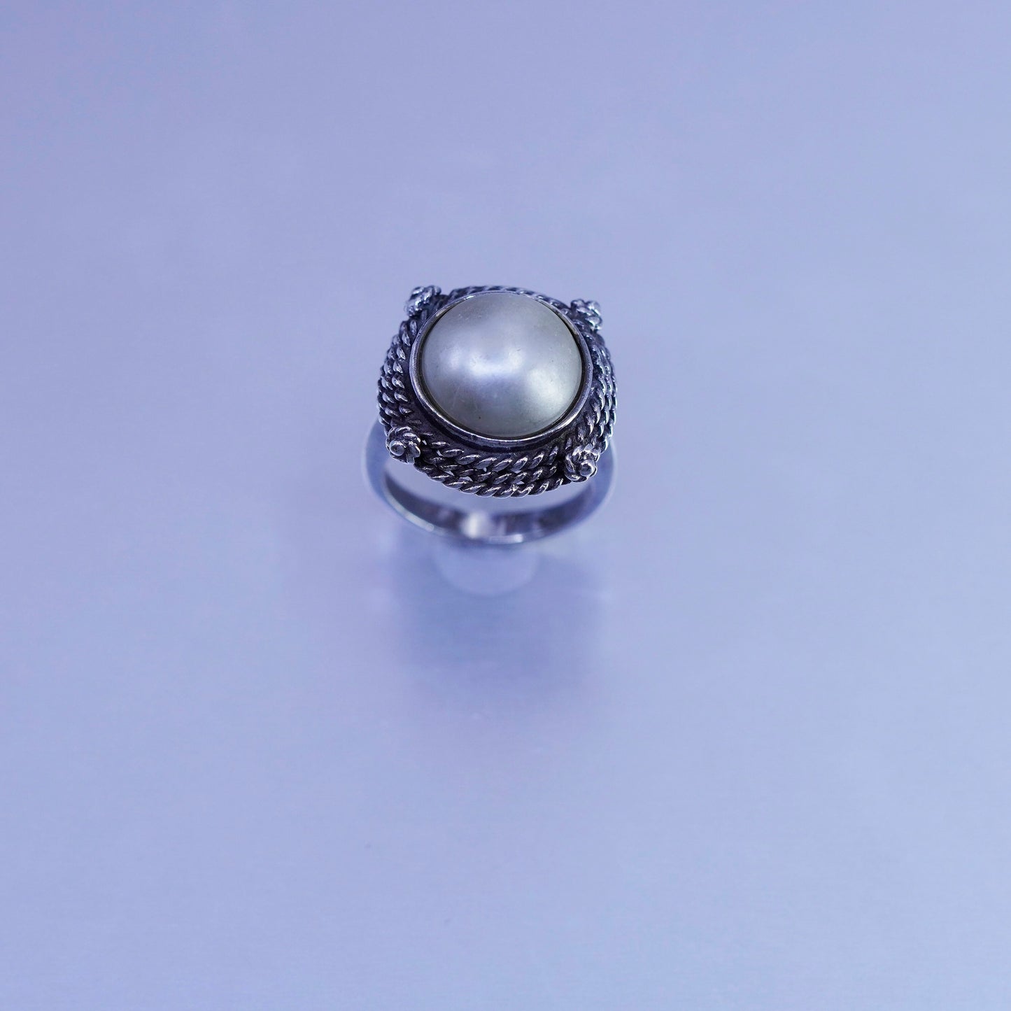 Size 4.5, vintage Sterling 925 silver handmade ring with pearl and cable