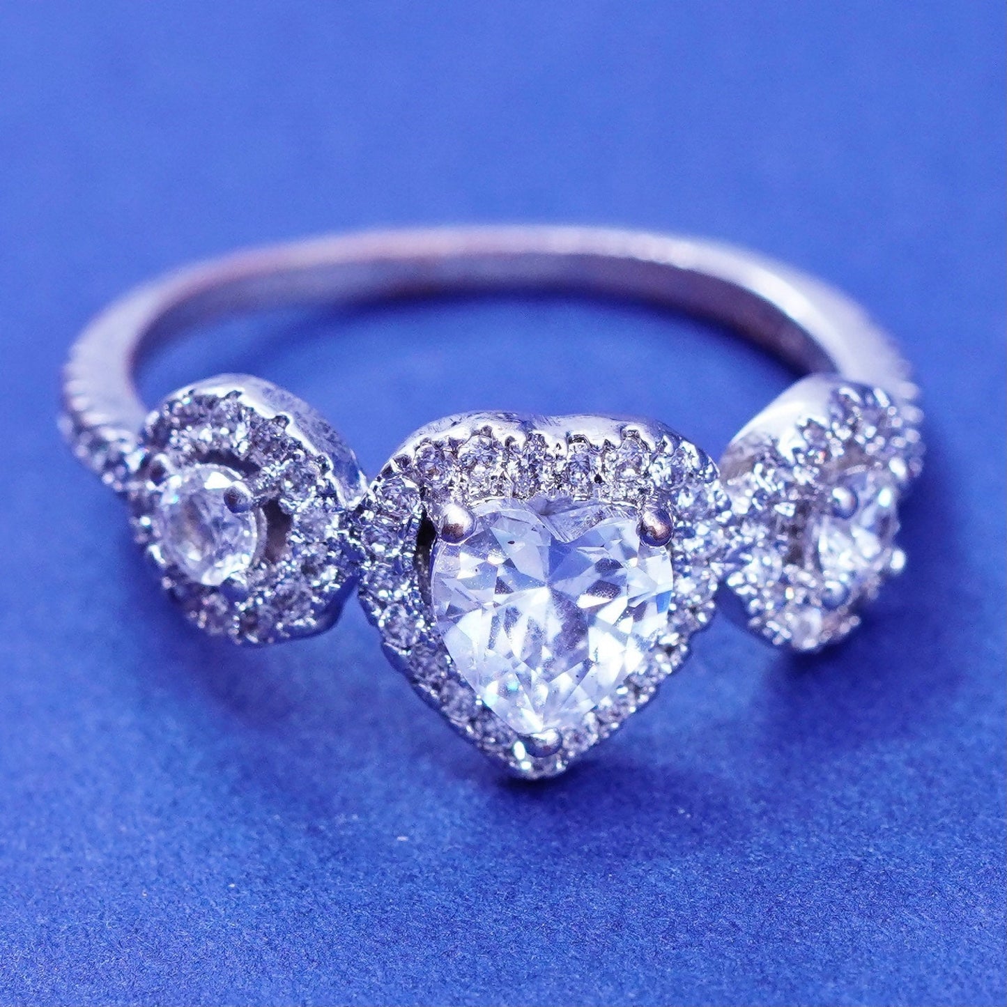 Size 8, vintage Sterling 925 silver engagement ring with heart and cluster Cz