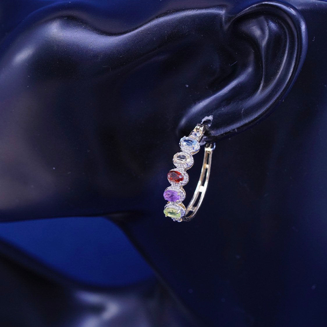 1", gold Sterling silver huggie earrings, Vermeil 925 hoops w/ sapphire peridot