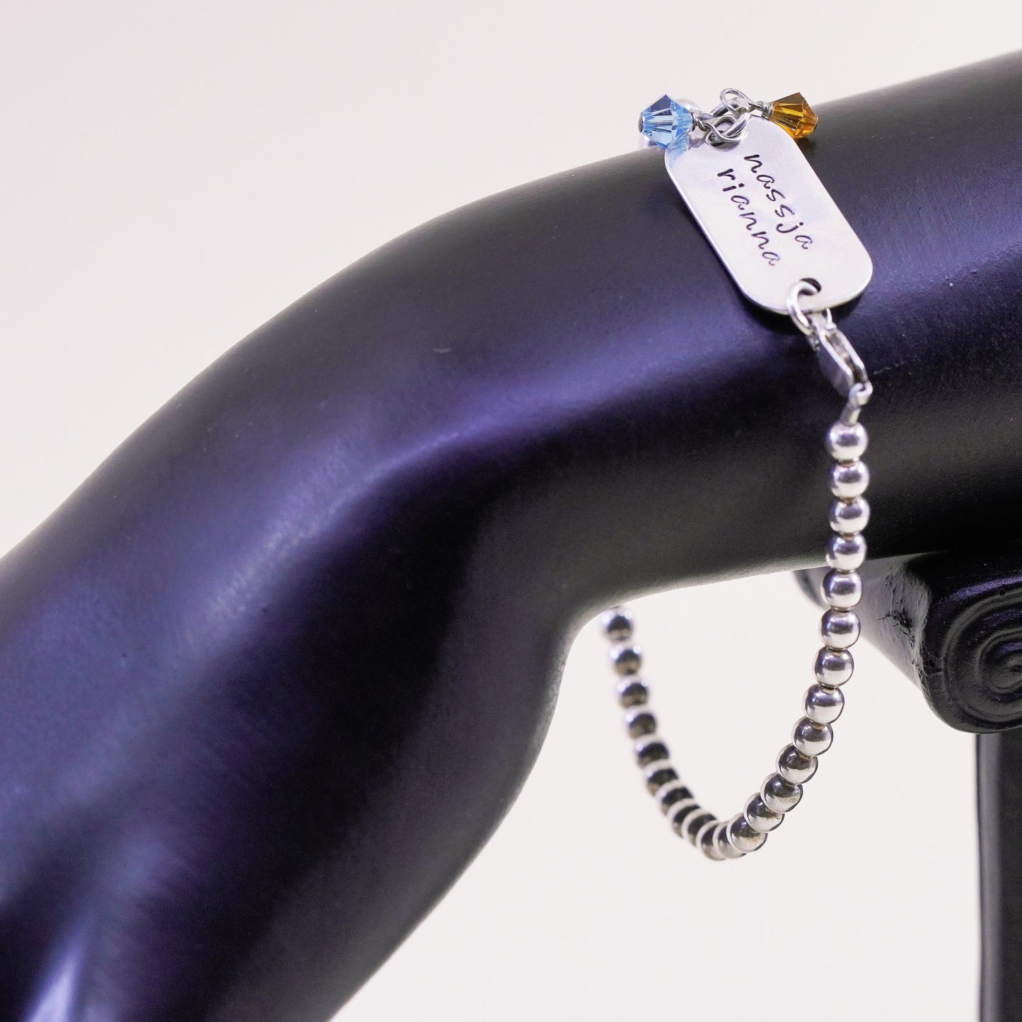 7.5” Sterling silver handmade bracelet, 925 bead chain name tag “nassja rianna”