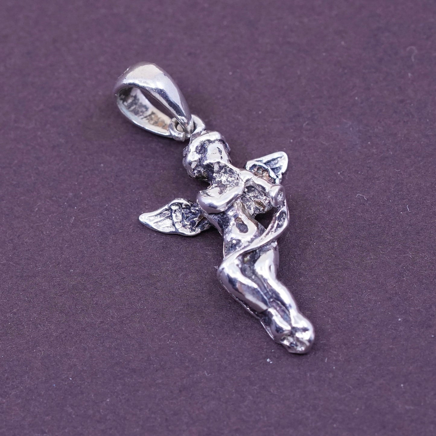 Vintage Sterling silver handmade pendant, Italy 925 angel with trumpet charm