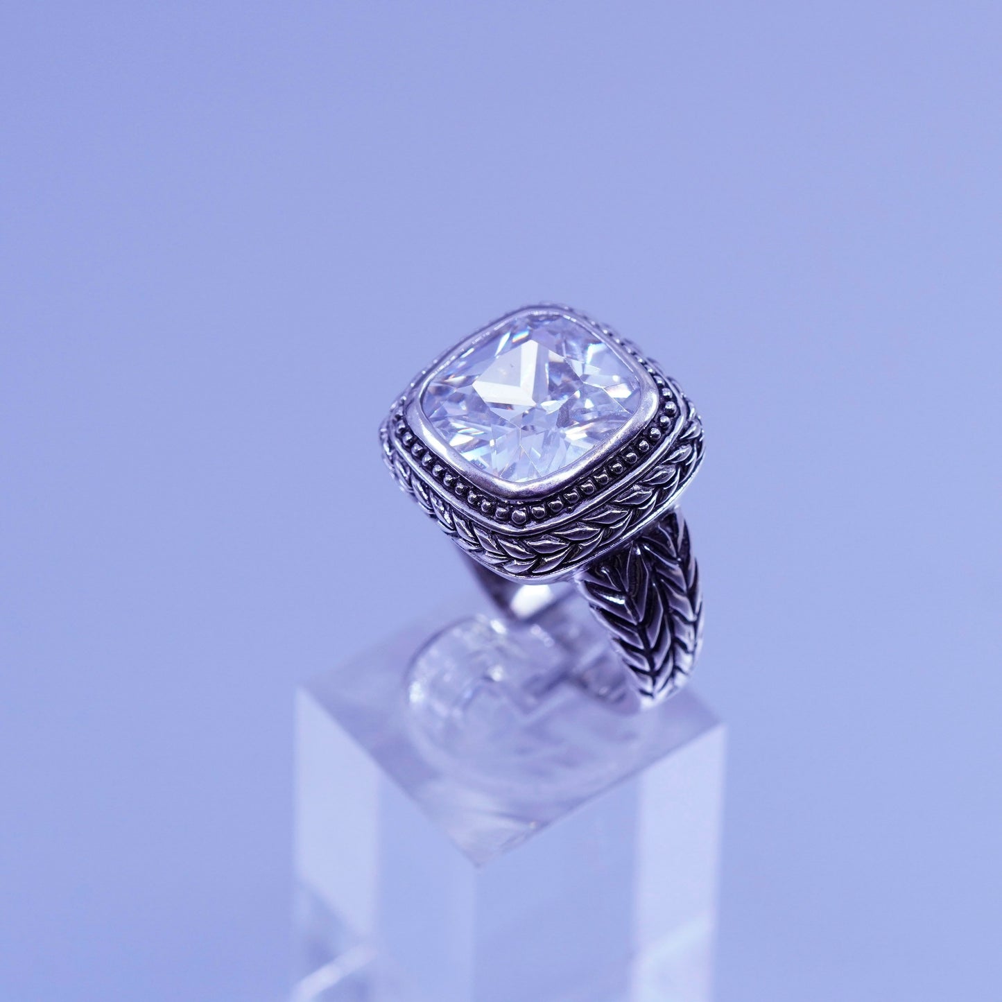 Size 9, vintage Sterling 925 silver handmade statement ring with crystal cable