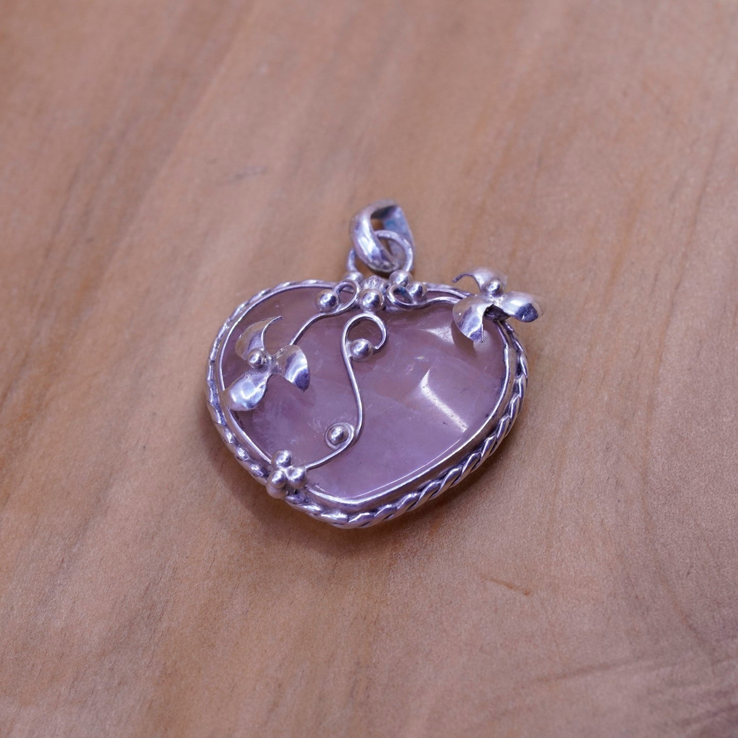 Vintage Sterling silver handmade pendant, 925 heart with pink quartz