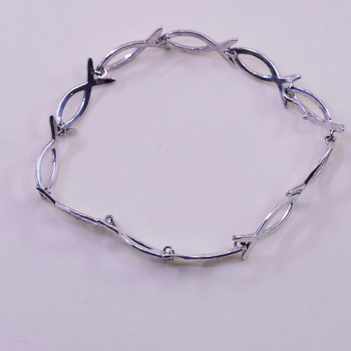 7.25”, Vintage sterling silver handmade bracelet, 925 fish link chain
