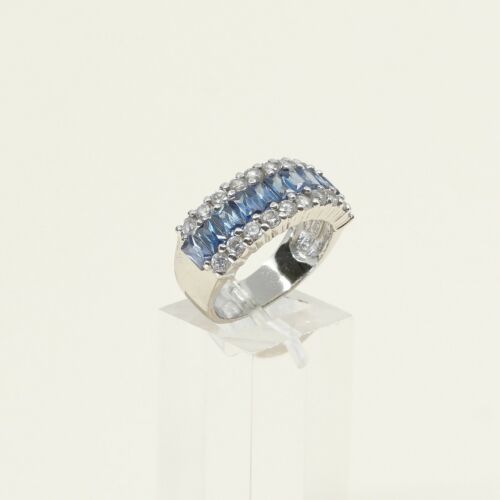 Sz 8, Vtg Sterling silver ring, 925 silver statement band w/ Blue N Clear Cz