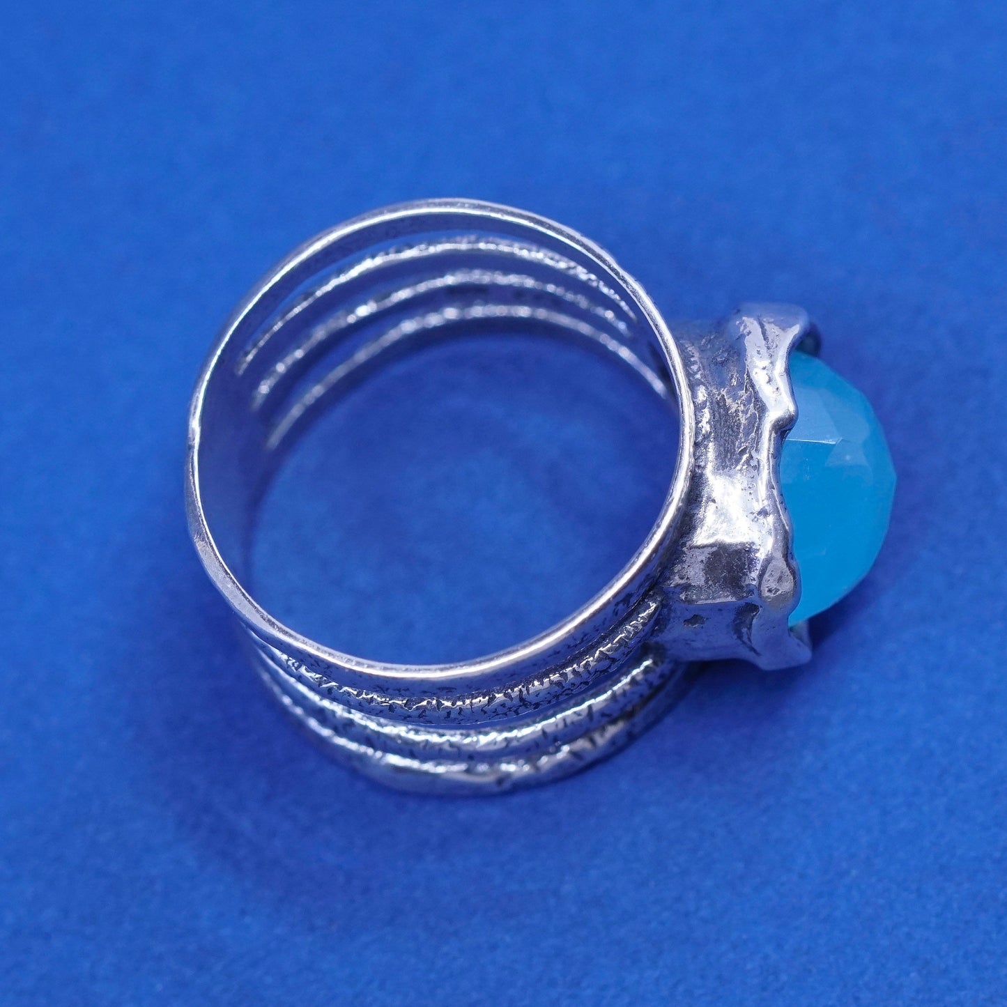 sz 9.5, vtg Israel sterling 925 silver handmade ring with aqua blue chalcedony