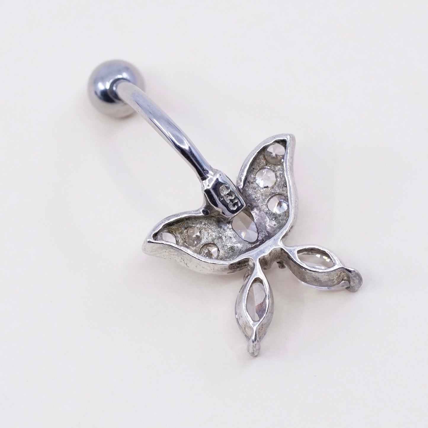 Vintage sterling silver handmade earrings, 925 butterfly with Cz, stamped 925