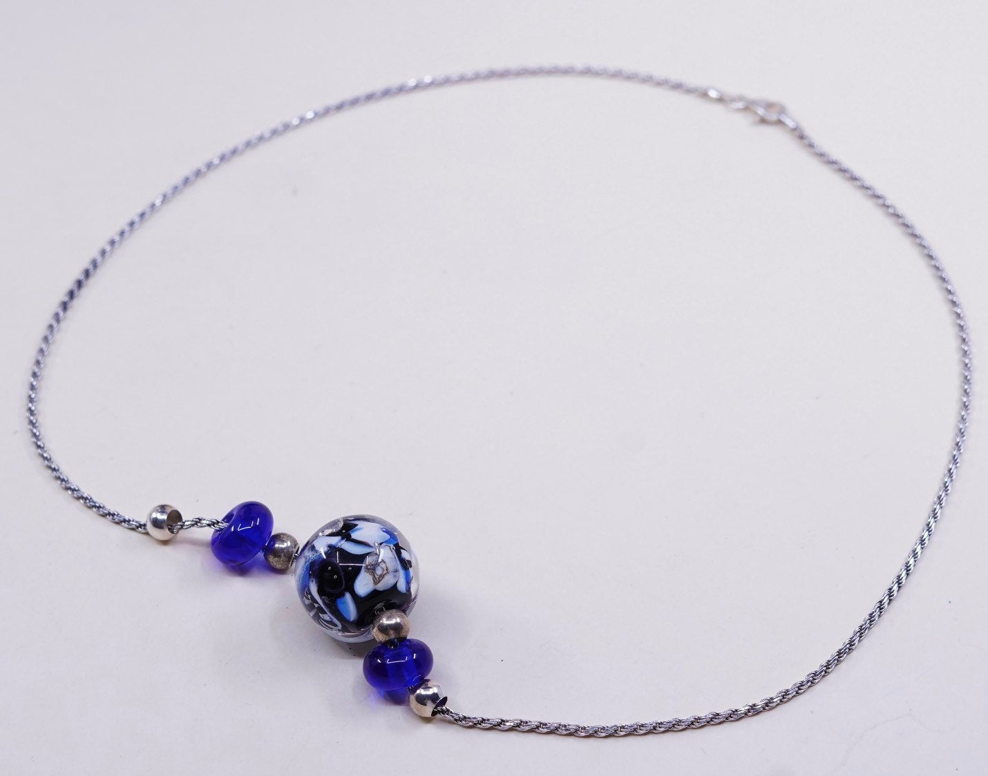 20", vtg sterling silver handmade necklace, 925 rope chain w/ glass pendant