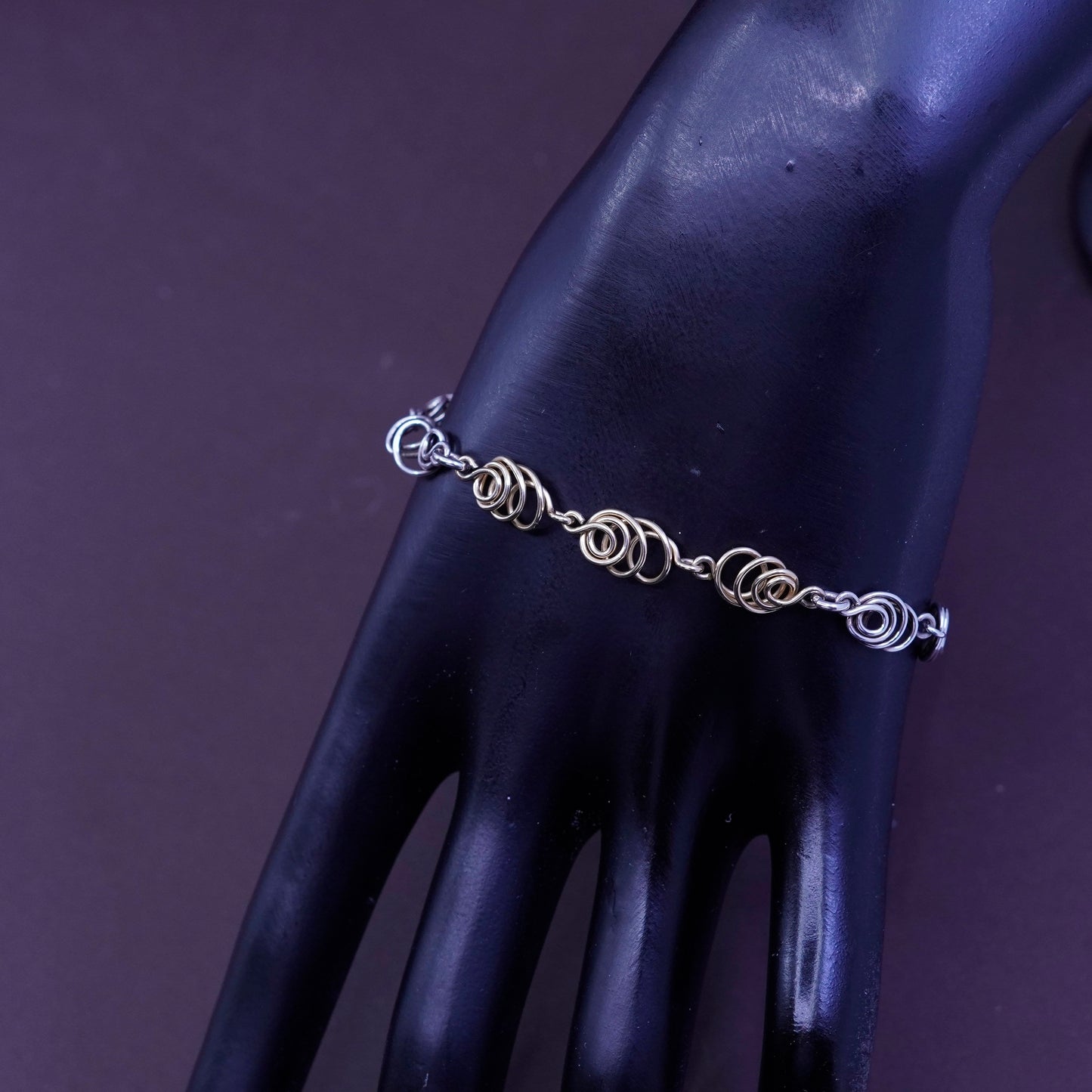 7.75”, vintage two tone Sterling silver handmade bracelet, 925 swirl link chain