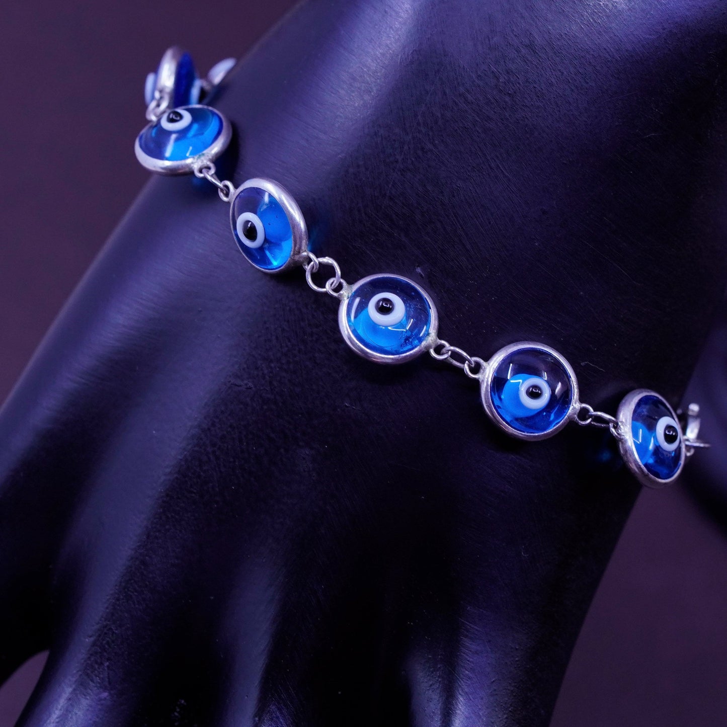 7”, vintage sterling 925 silver handmade bracelet blue evil eye bracelet