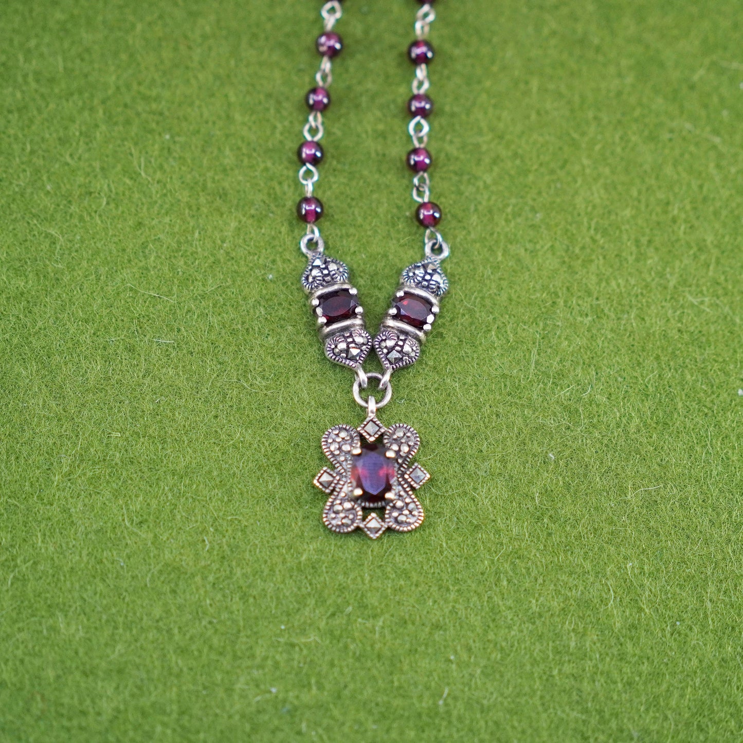 16”, sterling 925 silver necklace, garnet beads with marcasite and ruby pendant