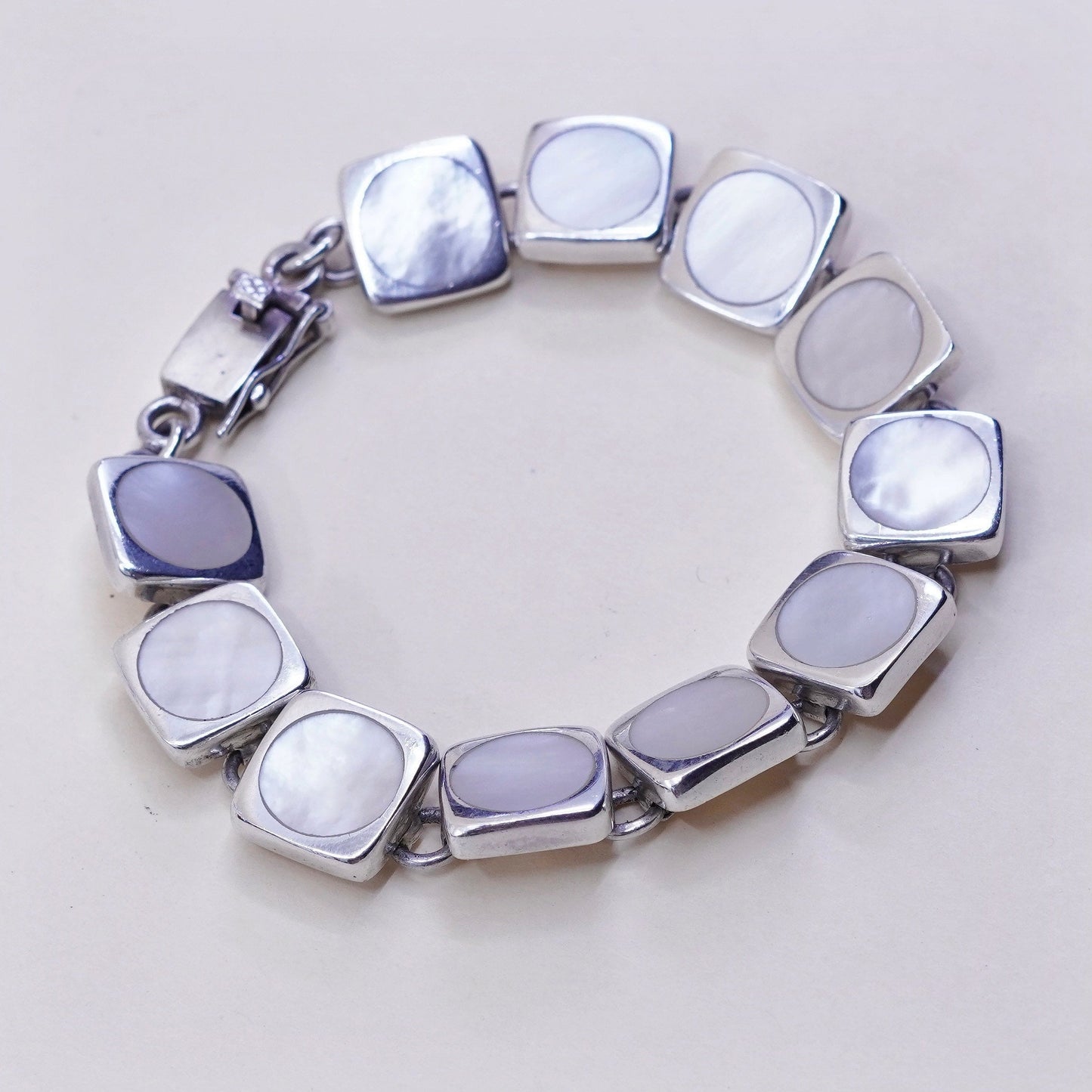 7”, Vintage Sterling silver handmade bracelet, 925 chain with mother of pearl