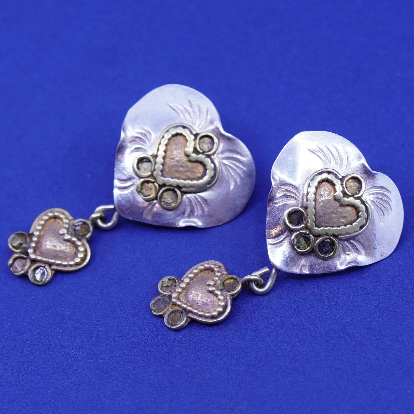 two tone Sterling silver handmade earrings, 925 heart studs brass trim dangle