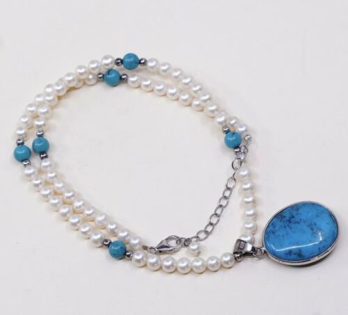 16”+2”, Vtg Sterling 925 silver handmade necklace W/ Pearl N Turquoise Pendant