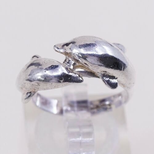 Sz Adjustable, Vtg Sterling Silver 925 Double Dolphin Band Ring, Silver Tested