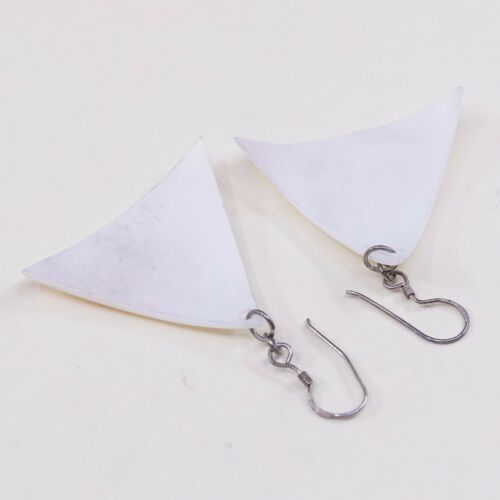 Vtg STERLING 925 SILVER Handmade Shell MOTHER OF PEARL EARRINGS Dangles