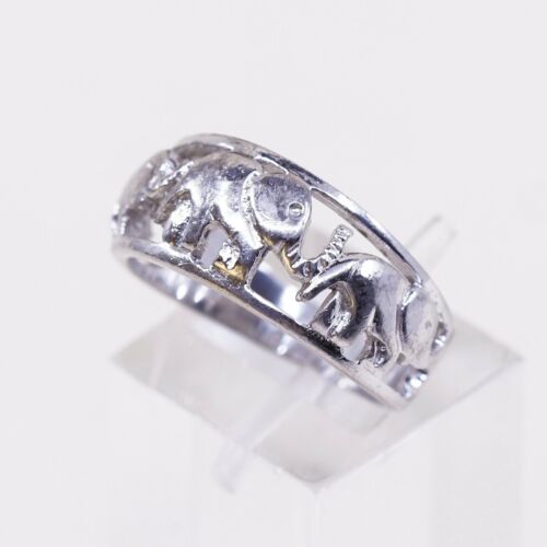 Sz 7, Vtg Sterling Silver Handmade Ring 925 Silver Elephant Band, Stamped 925