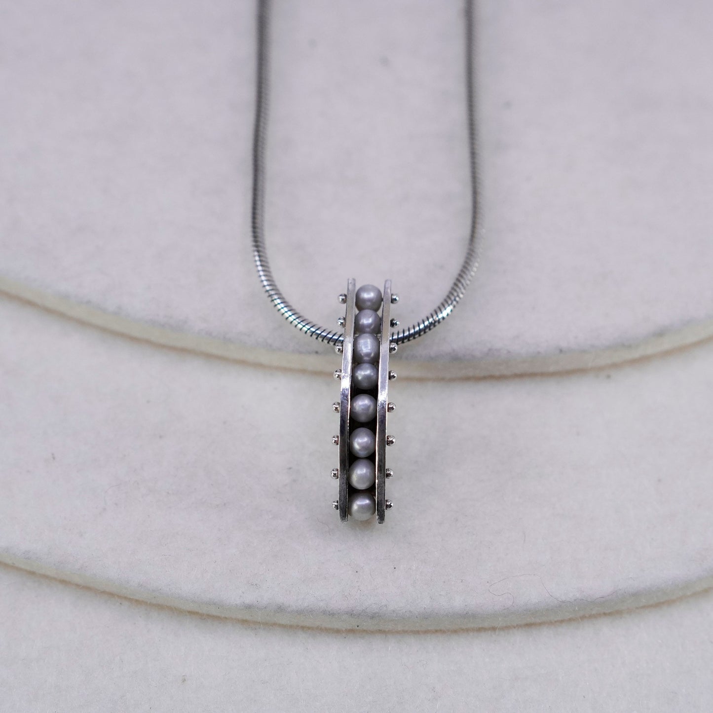 16”, vintage Sterling 925 silver handmade snake chain necklace pearl pendant