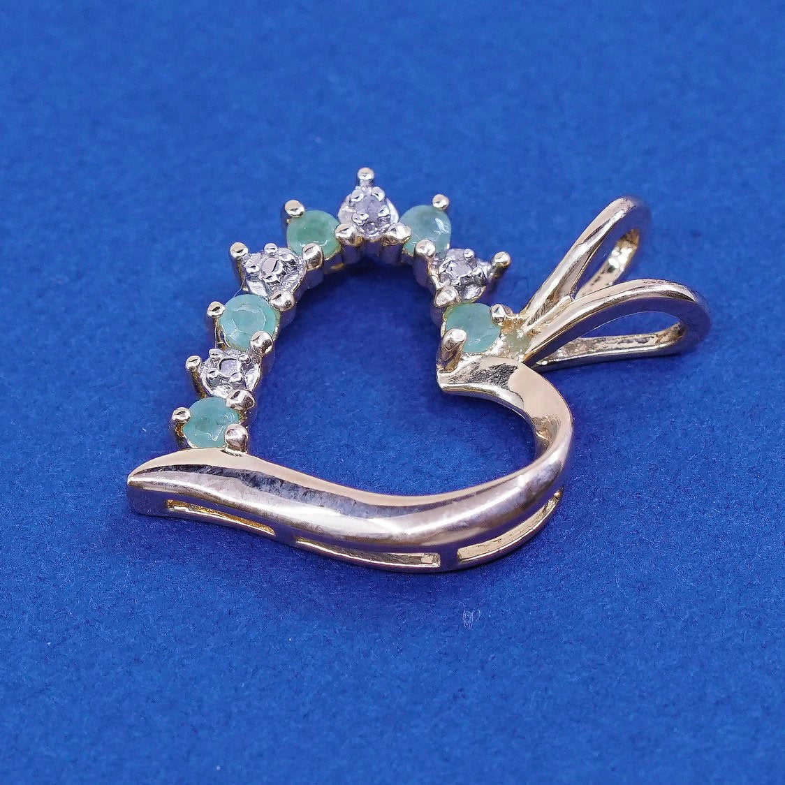 vtg Vermeil gold Sterling silver handmade pendant, 925 heart w/ diamond N jade