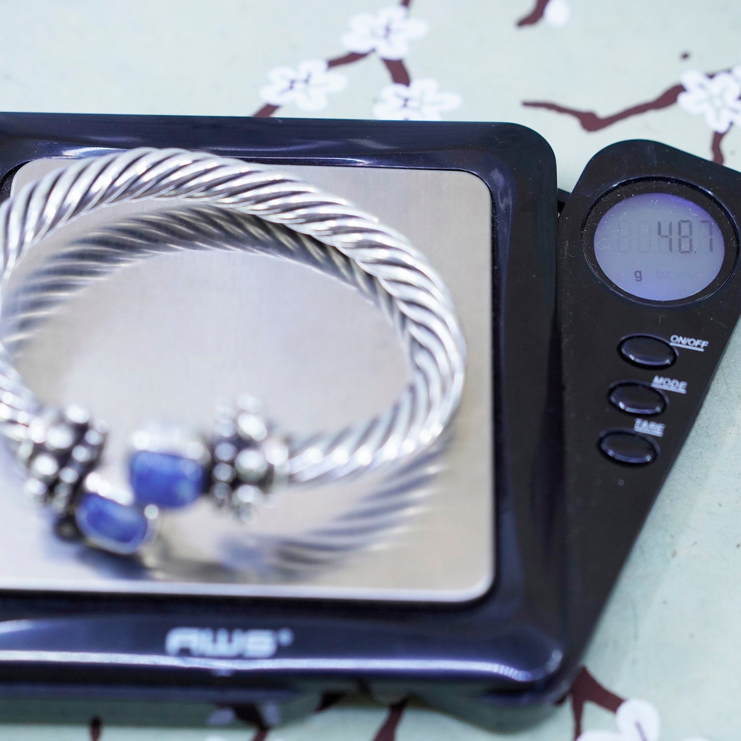 6”, vintage Sterling silver bracelet, handmade 925 cable cuff with sodalite