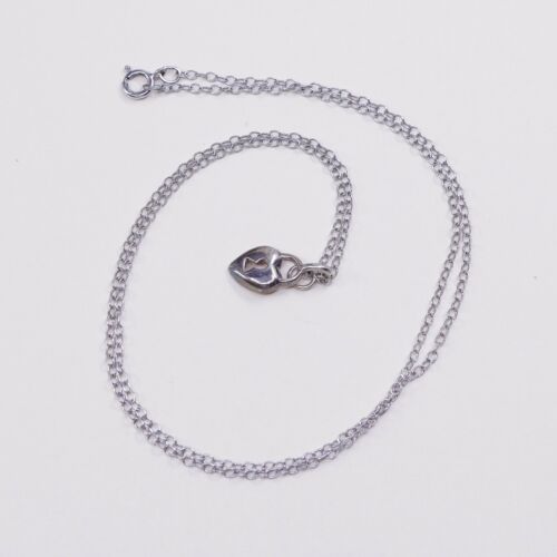 18” 1mm Vtg 925 Sterling 925 Silver Circle chain necklace W/ Heart Lock Pendant