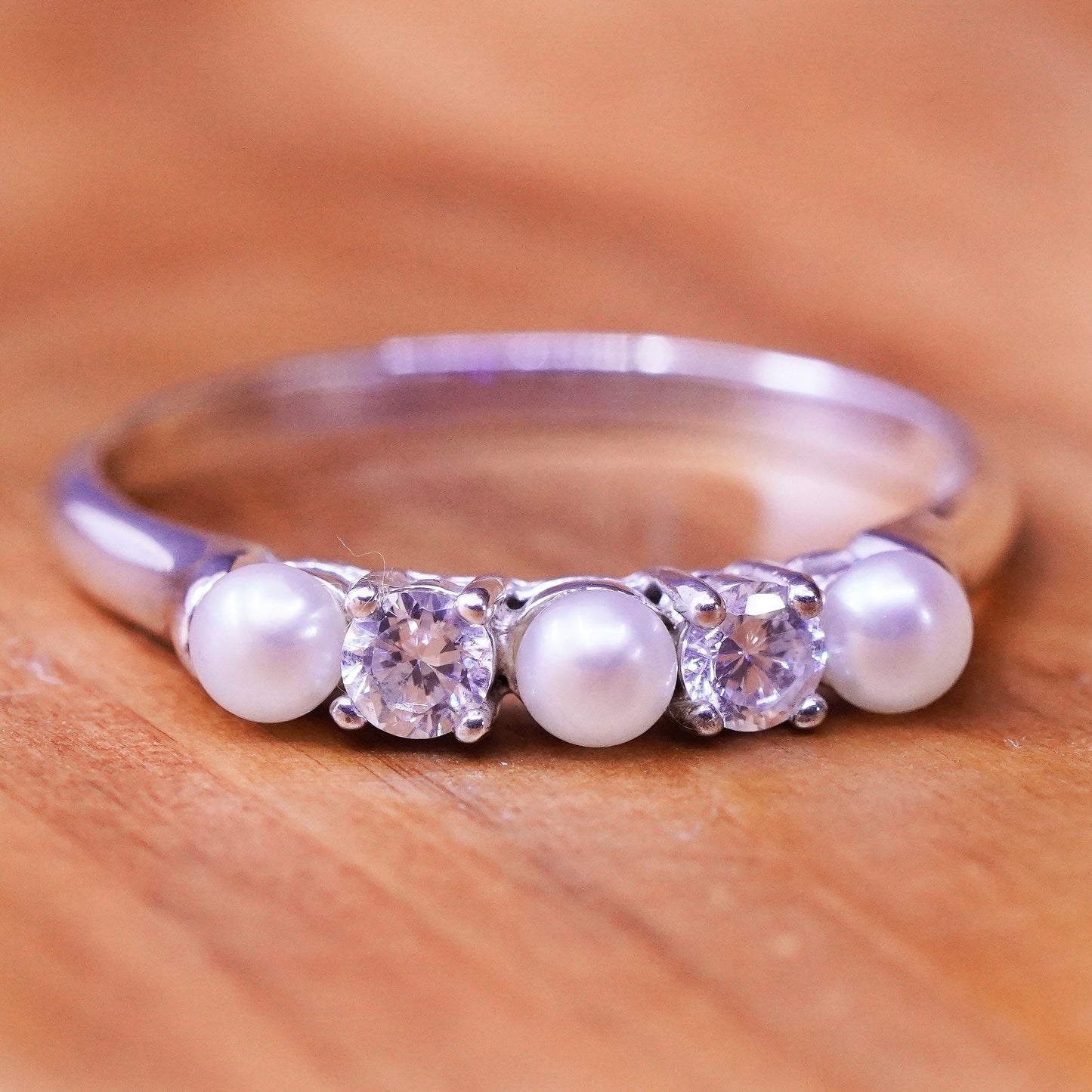size 11.25, vintage Sterling 925 silver handmade ring, stackable band cz pearl
