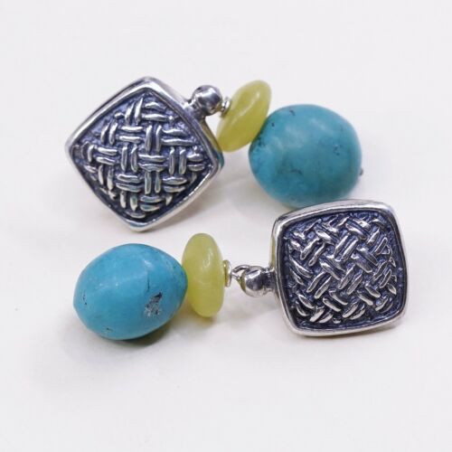 Vtg handmade Sterling 925 Silver Textured earrings W/ Jade N Turquoise Beads