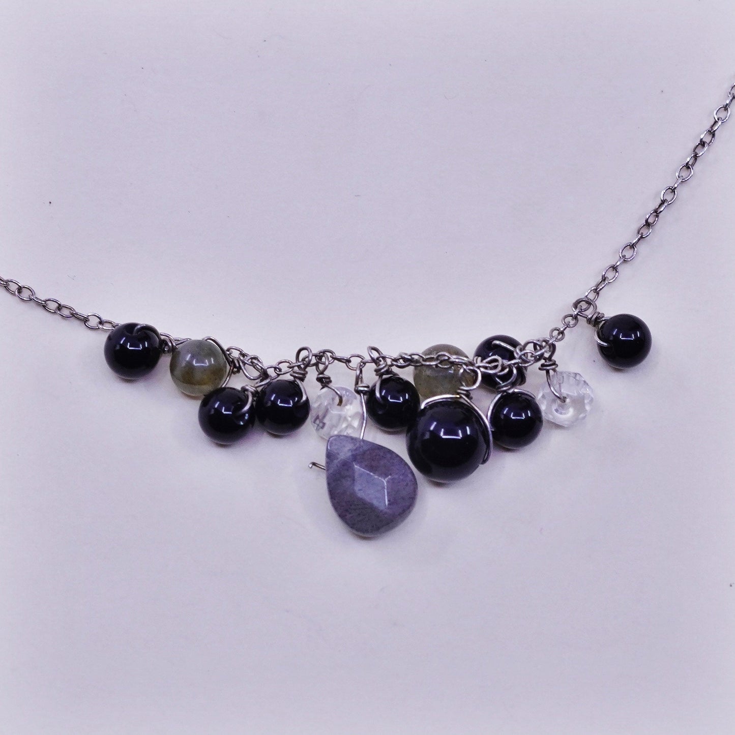18”, Sterling 925 silver necklace chain cluster labradorite obsidian beads
