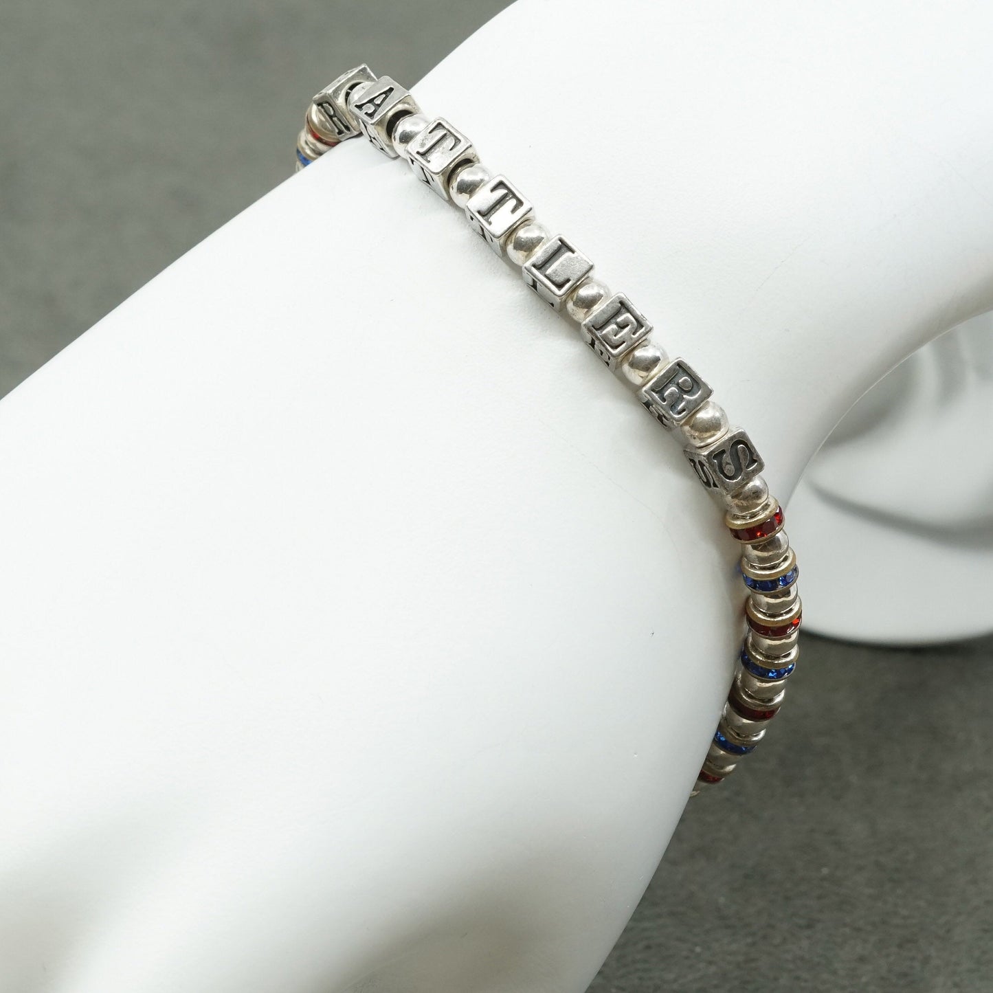 7", vtg Sterling 925 silver chain, ruby N crystal beads bracelet w/ rattlers