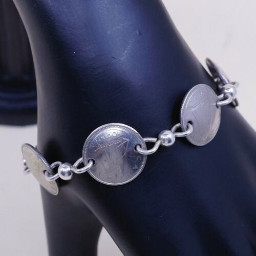 6.75”, Vtg Sterling 925 Silver Handmade Bracelet, Canada 10 Cents Coin Link