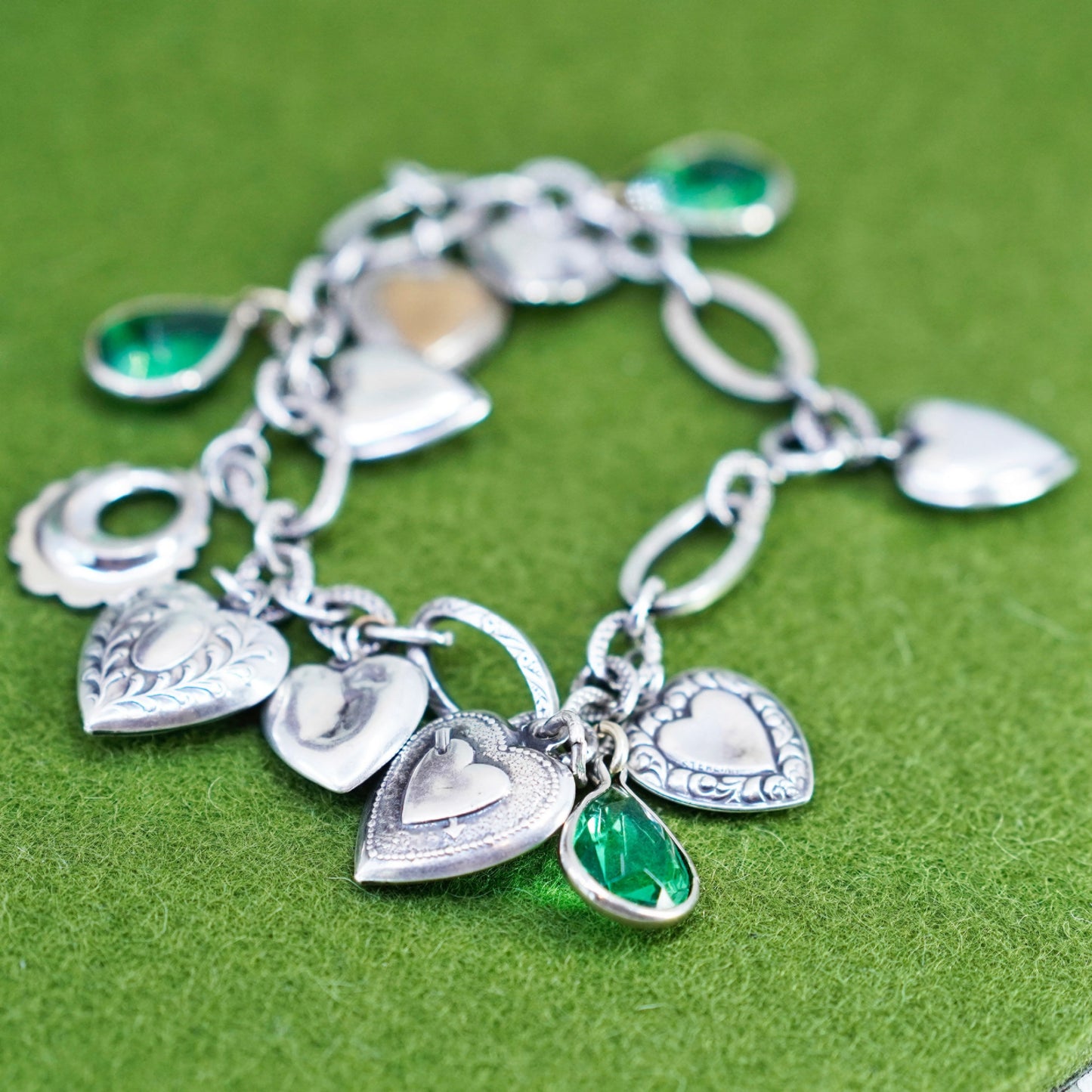 6.75”, B. A. Ballou & Co. 925 sterling silver oval bracelet heart charms