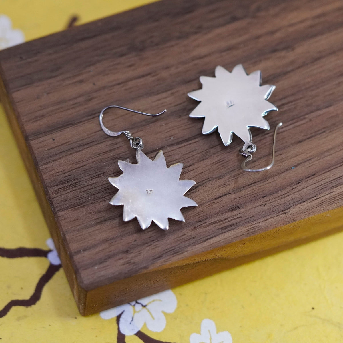 Vintage Sterling silver handmade earrings, 925 Sun face drops