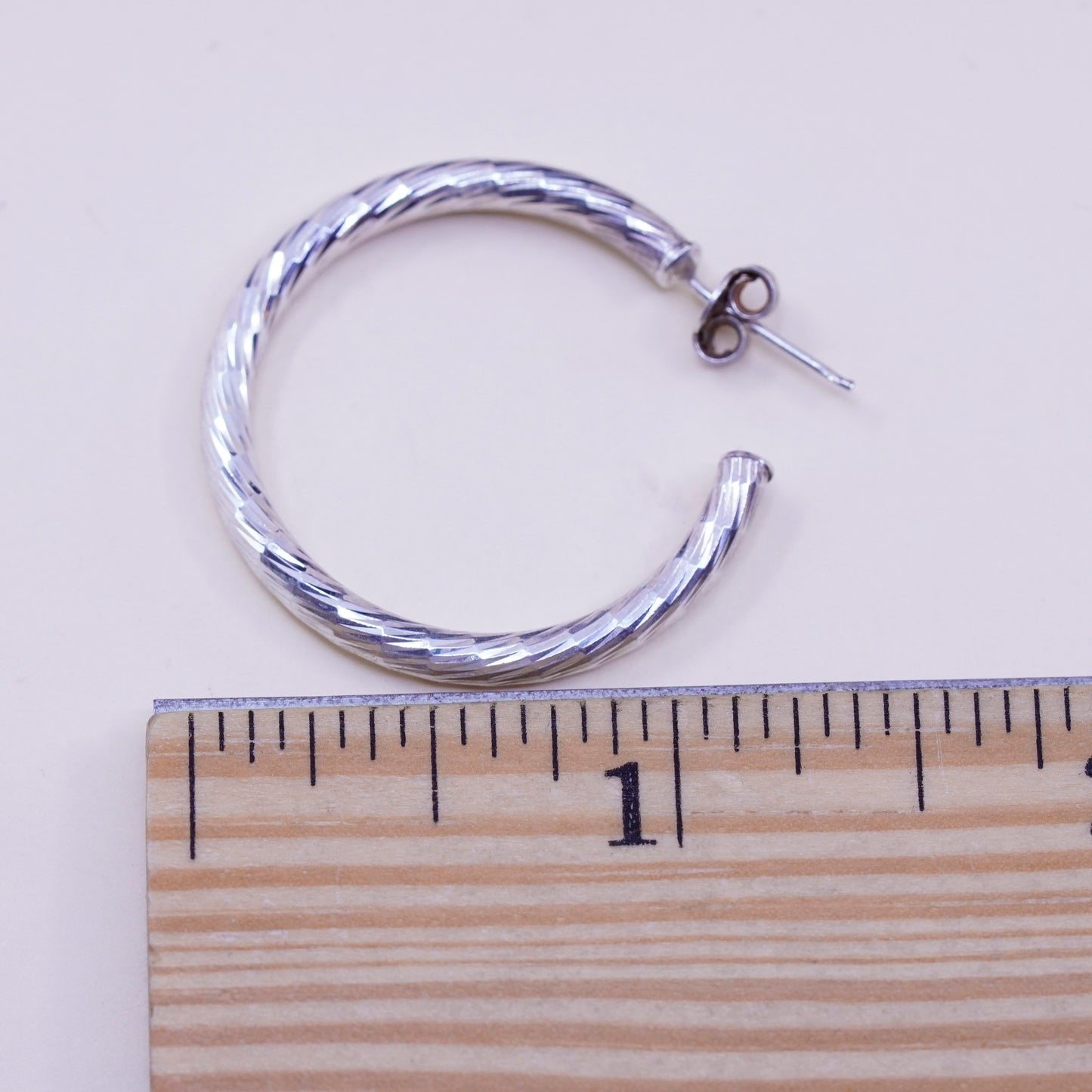 1.25” Vintage sterling 925 silver earrings, textured minimalist primitive hoops