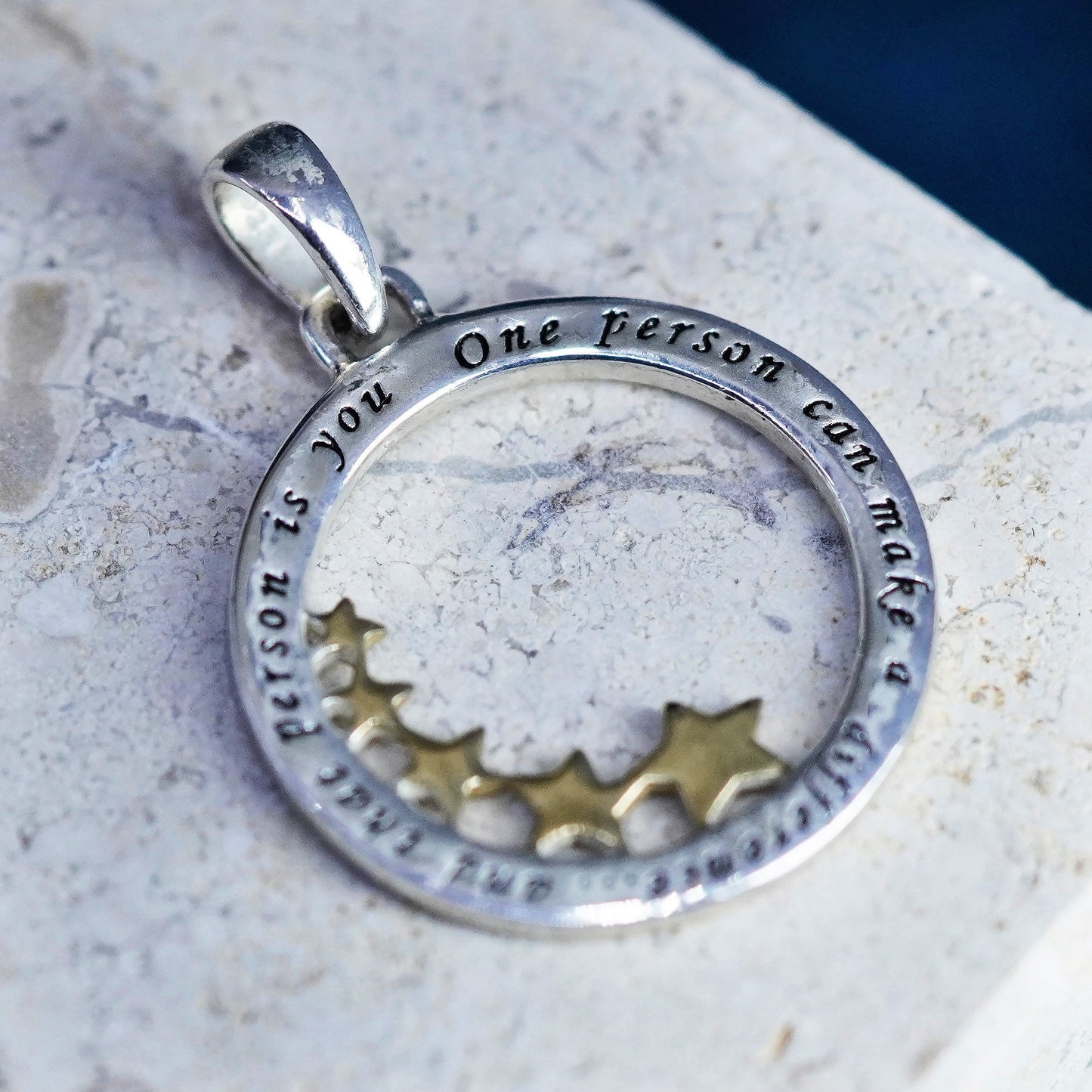 Vintage Sterling silver handmade pedant 925 circle quote “one person can make