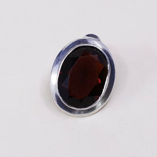 Vintage Modern Sterling Silver Handmade Earrings, 925 Silver Oval Studs W/ Ruby
