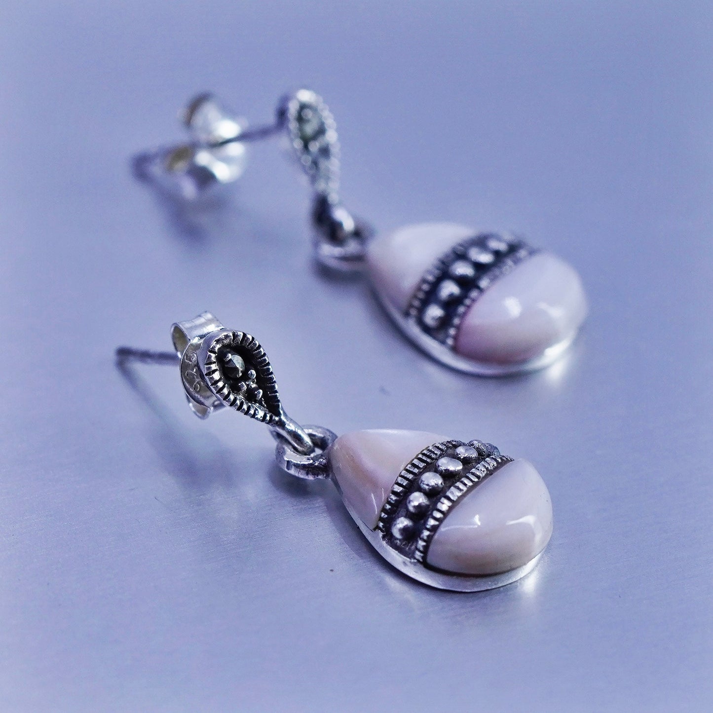 Vintage Sterling 925 silver handmade earrings with teardrop mother of pearl
